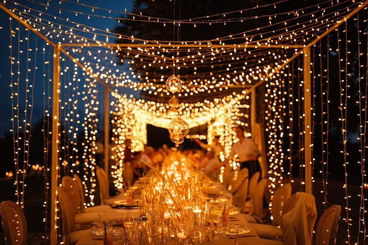Hochzeit im Freien dekoriert mit Lichterketten